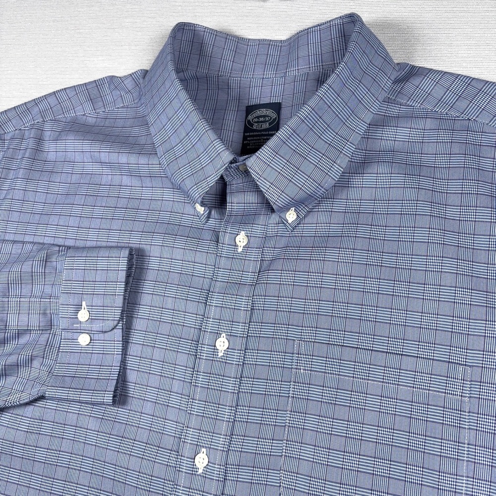 Brooks Brothers Shirt Mens Size 20-36/37 Blue Plaid Cotton Spandex Long Sleeve